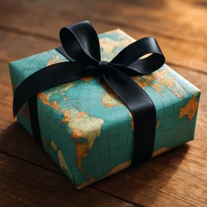 Gift with global wrapping paper and a black bow